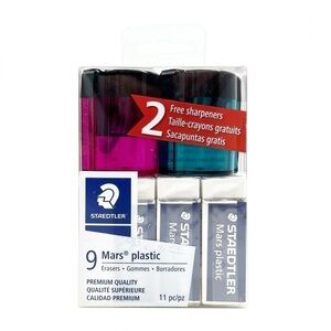 Staedtler Set of 9 Mars Erasers & 2 Manual Pencil Sharpeners Green Pink New NWT